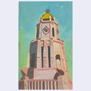 A stylized, textured painting of a tower with a yellow-green dome against a teal and green background.