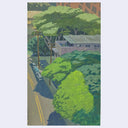 An aerial-style painted scene showing a street with a train, dense green trees, utility poles, and a building, presented as wall art on a light gray background.