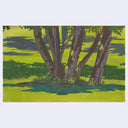 A stylized landscape painting of several tree trunks with green and yellow foliage, set against a bright yellow-green background with blue-green ground shadows, shown centered on a light gray field.