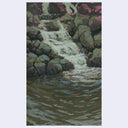 A vertical landscape painting depicting a waterfall cascading over dark rocks into a pool of water, rendered in textured brushstrokes of gray, olive green, brown, white, and muted pink highlights.