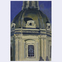 An impressionistic painting of a classical domed building facade under a deep blue sky, rendered in muted blue, beige, gray, and olive tones.