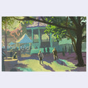 Plein air style painting of an outdoor market at a park, seen from afar with trees framing the scene and dappled warm sunlight throughout.