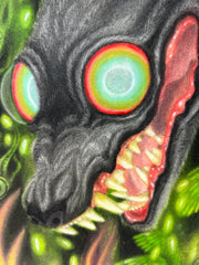 Illustration on tall rectangular panel of a large wolf head, with crazy rainbow eyes and a gnarled expression. Its mouth is ajar, showing sharp teeth. Close up.