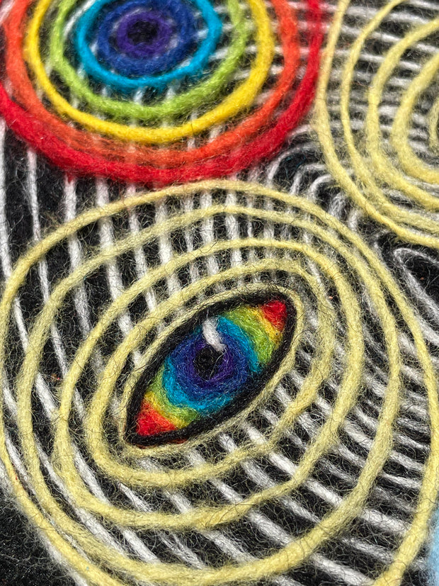 Close-up of colorful circular patterns on a textured surface