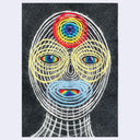 Felted wool art of an abstract face with colorful eyes and mouth on a black background