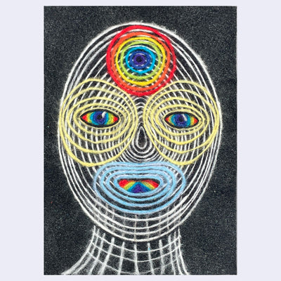 Felted wool art of an abstract face with colorful eyes and mouth on a black background