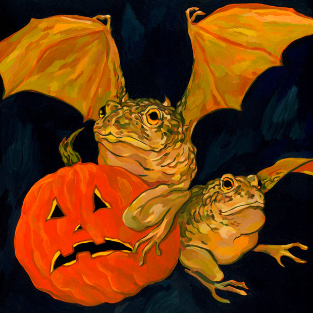 Painting with many deep oranges and browns on dark blue background of 2 toads, each with large bat wings. They sit on top of or next to a carved jack o lantern with a frown.
