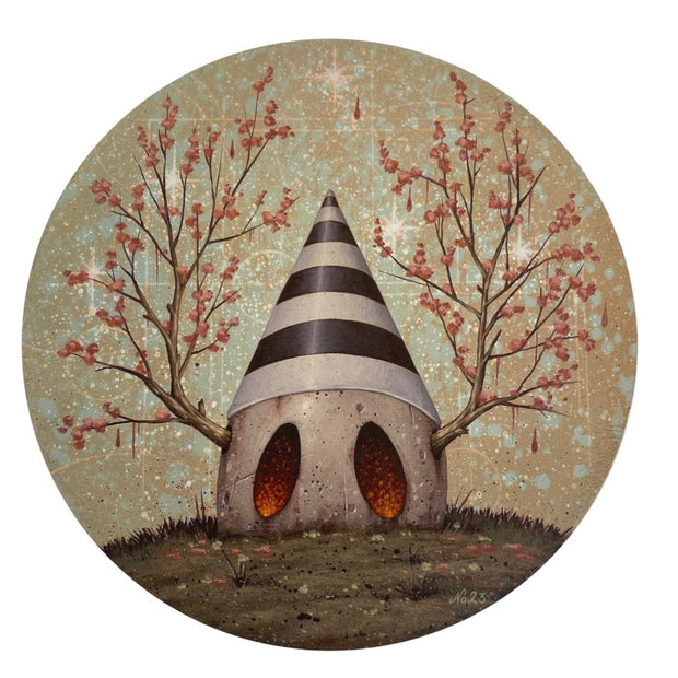 Painting on circular panel of a weathered egg, half buried into the ground. It has pink flowered branches coming out its side like antlers, a striped white and black cone hat and large glowing orange eyes with no other facial features.