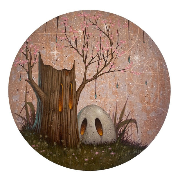 Painting on circle panel of a weather egg like creature, half buried in the ground, with glowing orange eyes and no other features. It sits next to a tree stump with similar eyes and no other features.