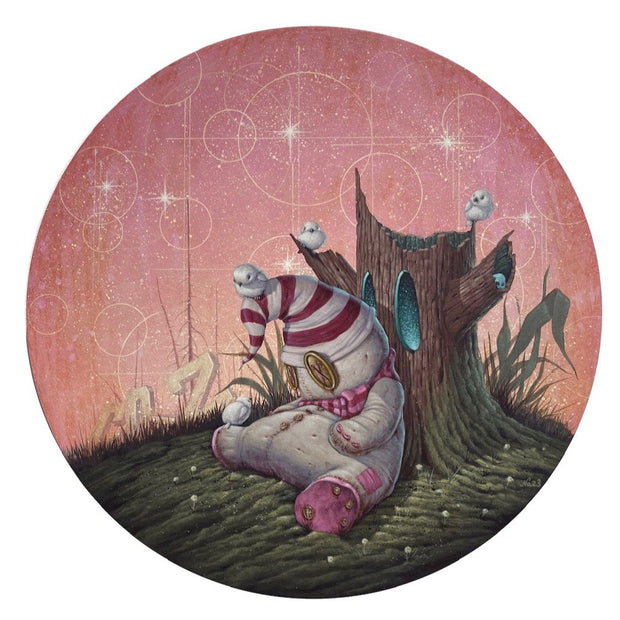 Painting on circular pink panel of a sack doll, with button eyes and a red and white sock cap, slumped over on itself resting against a tree trunk. The tree trunk has glowing blue eyes and no other features and white birds decorate the scene.