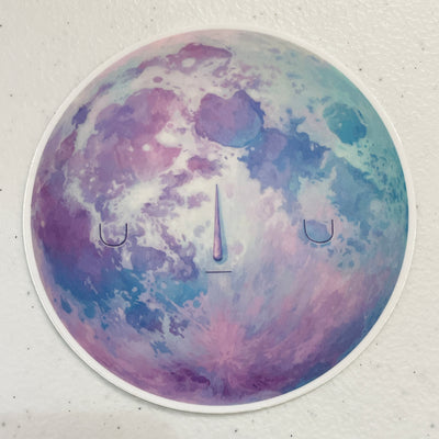 Circular sticker of a moon, with purple and blue coloring. It has a simple closed eye expression.