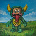 Cartoonish creature with horns and a long tongue standing in a grassy field with a blue sky.