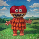 Red and orange creature with blue eyes in a landscape with green fields and mountains.