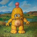 Yellow creature with a pink antenna atop its head, in a landscape with mountains and water