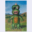 Painting of a cartoon green dinosaur style monster, wearing an eye patch.