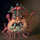 Monster-like creature with multiple eyes and tentacles on a dark background
