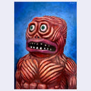Red creature with green eyes against a blue background