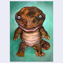 Illustration of a cartoonish creature with a textured brown body on a green background