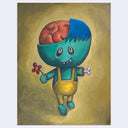 Colorful illustration of a character with a split head holding a flower on a yellow background
