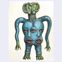 Artistic depiction of a creature with two faces and tentacle-like appendages on a light background