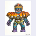 Colorful robot-like figure with a surprised expression on a white background