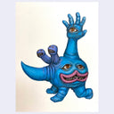 Painting of a blue monster with eyes and a mouth on its body, a rhino horn and hands and legs like a baby. Atop its head is an arm with an eye in the hand.