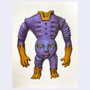 Illustration of a purple alien-like creature with yellow accents on a light background