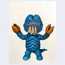 Blue creature with large brown hands on a light beige background
