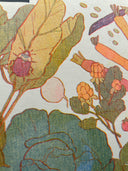 Risograph print of a display of many fruits, vegetables and associated plants and bugs. They consist of a warm but muted color scheme. Close up to show print pattern.
