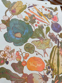 Risograph print of a display of many fruits, vegetables and associated plants and bugs. They consist of a warm but muted color scheme.