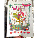 Colorful illustration of a fairy standing on a twisting branch, with an owl like bird landing on her hand. Around are other owls and nature themes.