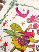 Close up detail of a colorful illustration of a fairy standing on a twisting branch, with an owl like bird landing on her hand. Around are other owls and nature themes.