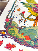 Close up detail of a colorful illustration of a fairy standing on a twisting branch, with an owl like bird landing on her hand. Around are other owls and nature themes.