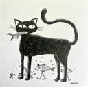 Black and white illustration of a cat with fish around it on a light background