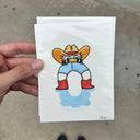 Illustration of a character with no arms but 2 legs, wearing a cowboy hat, jean shorts and red cowboy boots.