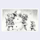 Ink sketch of small goblins building a snowman.