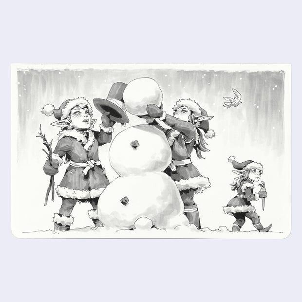 Ink sketch of small goblins building a snowman.