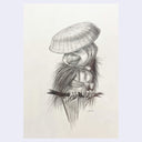 Pencil sketch of a bird wearing a farmers hat, perched on a branch.