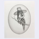 Pencil sketch of a bird perched on a branch wearing a transparent hat.
