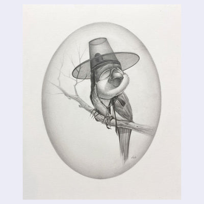 Pencil sketch of a bird perched on a branch wearing a transparent hat.