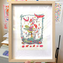 Framed colorful illustration of a fairy standing on a twisting branch, with an owl like bird landing on her hand. Around are other owls and nature themes.