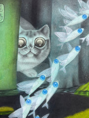 Close up detail, a large cat looms and looks excitedly at many semi transparent fish jumping out of the water.