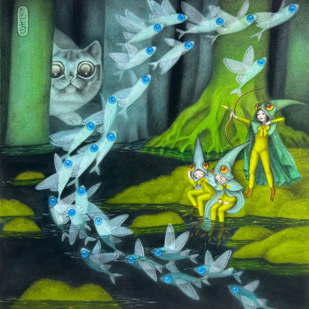 Illustration of a dark green and blue swampy forest setting, with many semi transparent fish flying out of the water. 3 girls stand on the mossy ground, 2 with their feet in the water and the other using a bow and arrow. A large cat looms in the background.