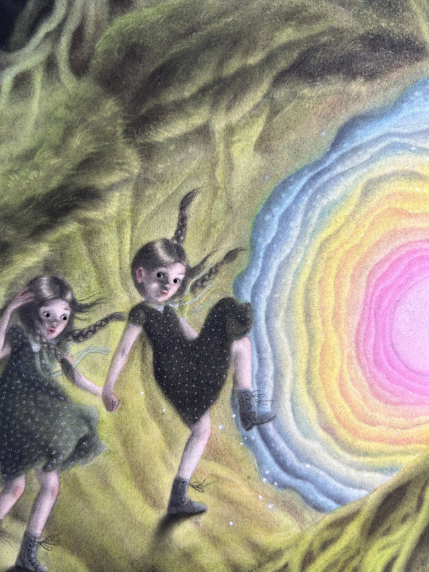 Illustration on round panel of a night forest setting, featuring a cave emitting a green glow and its entrance walls lined with blue, yellow and pink coloring. 2 girls in dresses and windblown hair walk towards the entrance. Close up.