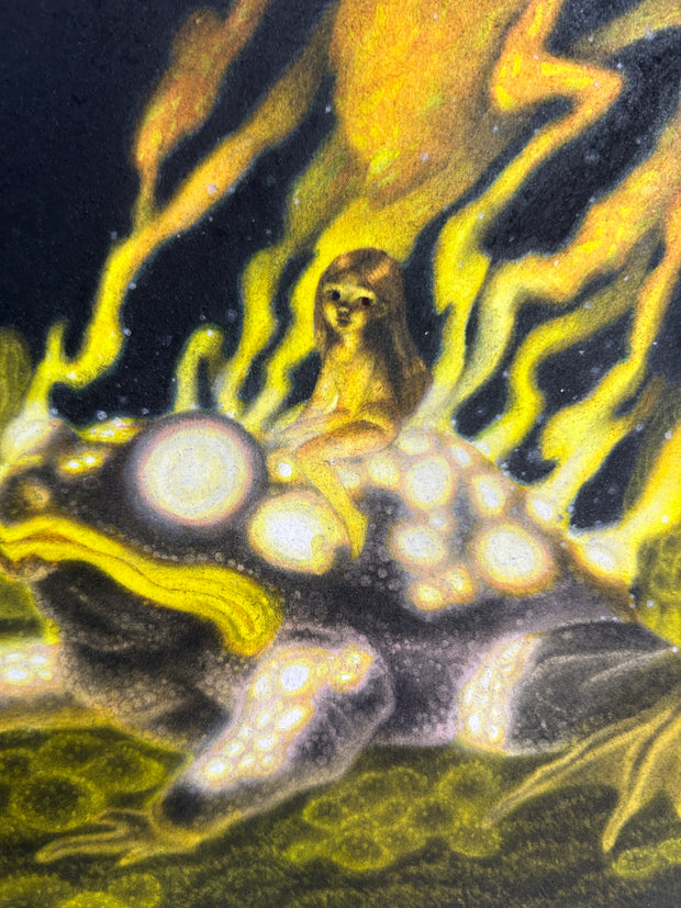 Illustration of a black frog with shining yellow eyes and many yellow glowing spots on its back. A small nude girl with long hair rides atop its back, with flames up in the background. Many green fungi decorate the ground. Close up.