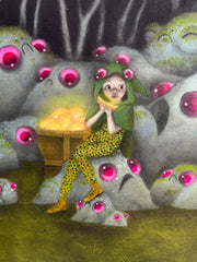 Illustration of a dark forest with many rocks, all with frowning faces and large pink shiny eyes. In the center sits a girl in a green hood and tights. Behind her is a crate holding glowing golden objects. Close up.