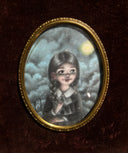 Illustration is of a small girl with braids and a fancy collared dress. She looks off to the side while smiling. A cloudy night sky is in the background.