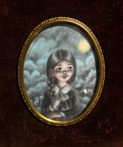Illustration is of a small girl with braids and a fancy collared dress. She looks off to the side while smiling. A cloudy night sky is in the background.