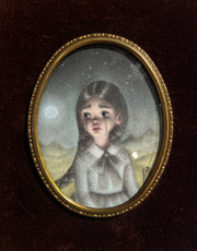 Illustration is of a small girl with braids and a fancy blue dress, with tears streaming down her face as she looks off to the side. A cloudy night is in the background.