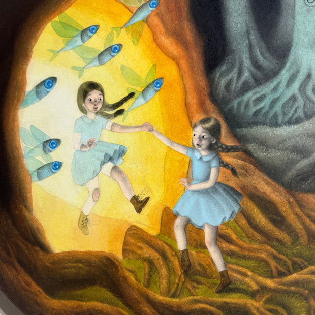 Illustration on round panel of a large tree trunk, with a glowing portal like opening. Out of it comes a girl with braids, holding hands with a mirror image of herself outside the tree. Several flying fish come out of the portal as well.
